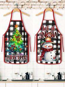 4 Pcs Christmas Black Santa & Buffalo Plaid Reindeer Print Apron Set, Holiday Themed Kitchen Cooking Baking Aprons For Xmas Party Home Decoration - Multicolor - View 4