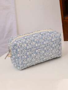1pc Large Capacity Pink Plaid Polyester Fabric Zipper Makeup Bag, Multi-Functional Storage Pouch For Lipstick, Coins, Cosmetics, Pens, Portable Travel Home Organizer, Valentine's Day Gift For Women - Multicolor - View 2