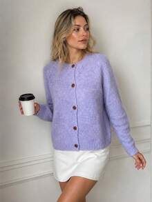 Wixra Women's Round Neck Raglan Sleeve Soft Plush Knit Cardigan, Front Button Long Sleeve Sweater Jacket - Mauve Purple - View 6
