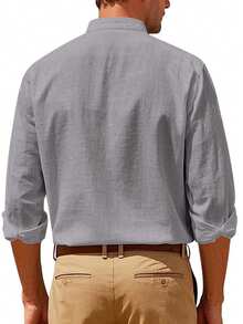 Men's Stand Collar Linen Long Sleeve Shirt, Casual Breathable Textured Loose Shirt With Roll‑Up Cuffs For Commute & Outdoor - Grey - View 2