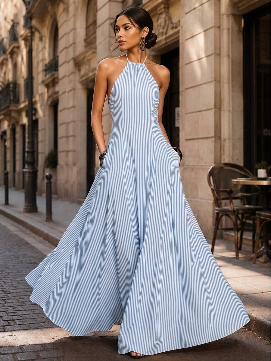 條紋掛脖女款洋裝,夏季休閒海灘度假波希米亞風口袋長裙,派對優雅 - 天藍色 - 查看 1