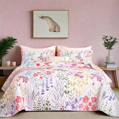 3Pcs Soft Botanical Floral Bedspread Coverlet Quilted Set Queen King Size Patchwork Bedding With 2 Pillowcases For Bedroom Decor,Soft Microfiber Reversible Pink Floral Quilt Set,Christmas Gift,All Season,Room Decor,Machine Washable
