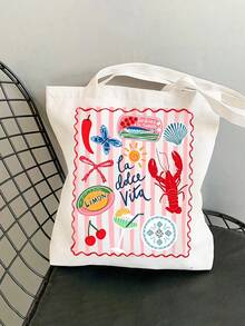 White Canvas Shoulder Bag And Makeup Bag Set With Striped Lobster Pattern, Casual Cute Handbag For Women And Girls Daily Commute, Shopping, Travel, Multi-Functional Cosmetic Storage Bag, Portable Toiletry Bag, Perfect Gift For Friends, Moms, Teens, Back To School, Independence Day, Birthday, Teacher's Day - Multicolor - View 3