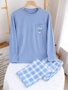 Autumn/Winter Boy's Blue Bear Pattern Round Neck Long Sleeve+Checkered Pants Sleepwear 2 Pieces Set,Youth Leisure/Entertainment Home Clothes,Soft Fabric - Blue - View 4