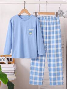 Autumn/Winter Boy's Blue Bear Pattern Round Neck Long Sleeve+Checkered Pants Sleepwear 2 Pieces Set,Youth Leisure/Entertainment Home Clothes,Soft Fabric - Blue - View 2