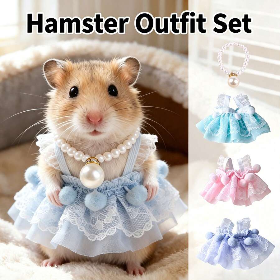 Hamster Princess Dress Pearl Necklace Cute Outfit Set Funny Golden Hamster Lace Trim Dress Photo Prop - Multicolor - View 1
