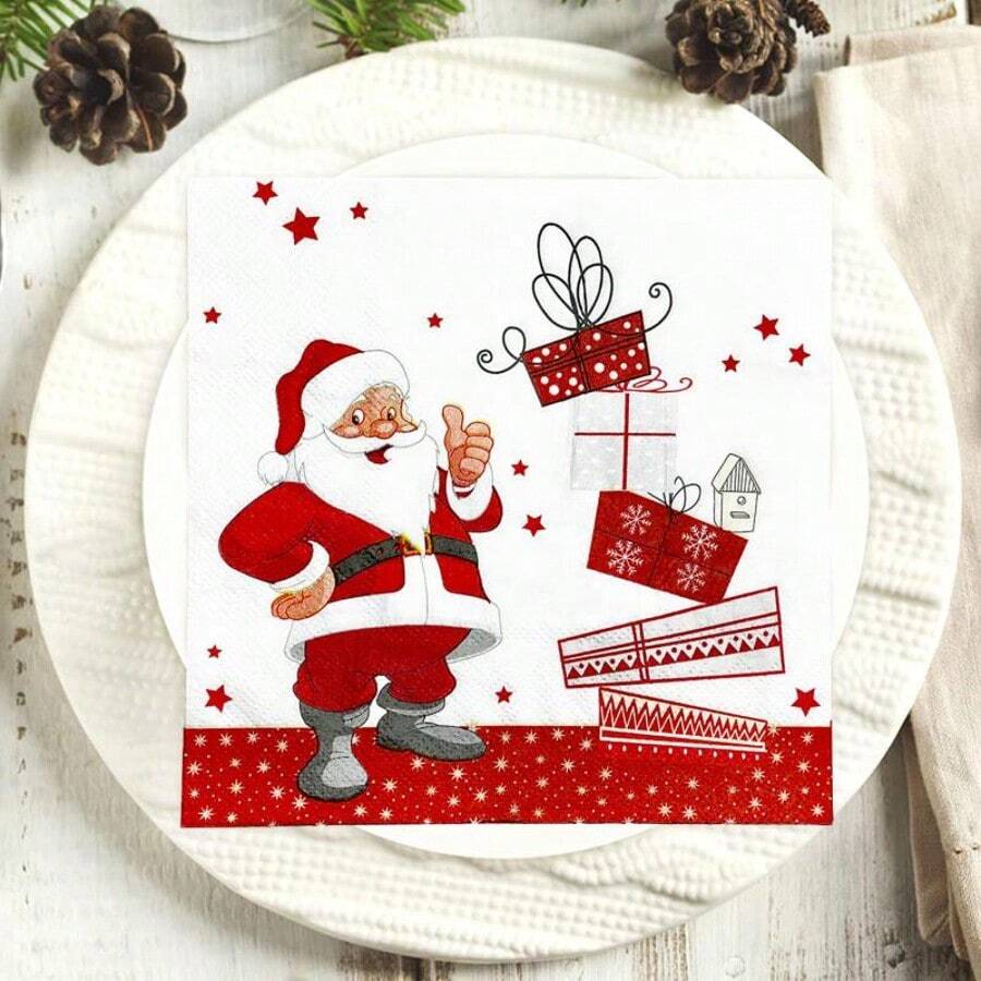 10PCS Santa Design Disposable Christmas Napkins With Gift Pattern, Red & White Festive Table Decor, Disposable Table Napkins For Christmas, Office Gatherings & Holiday Table Settings - Multiple Styles - View 1
