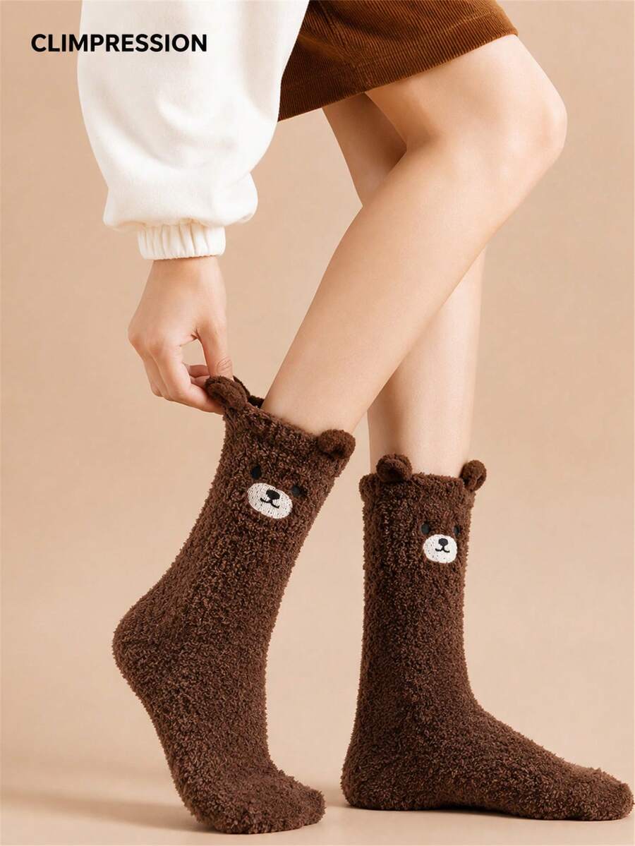 CLIMPRESSION Women's Cute Bear Plush Socks, Comfortable Coral Fleece Warm Winter Home Socks, Cartoon Animal Non-Slip Floor Socks, Suitable For Sleep And Leisure - Coffee Brown - View 1