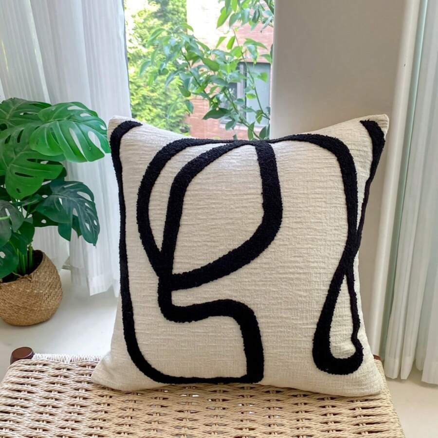 FAUNUS 1件裝雪尼爾刺繡抱枕套 抽象線條藝術 現代極簡風 黑色米色幾何靠墊套 北歐波希米亞居家裝飾 適用沙發、客廳、臥室 18x18 - 飄帶-黑 - 查看 1