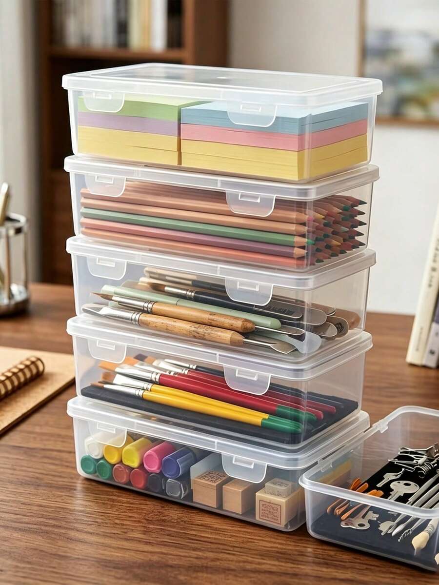 2pcs/1pc Large Transparent PP Storage Box With Lid, Lightweight Unfinished Surface, Suitable For Office/School Supplies, Pens, Pencils, Markers, Crafts, Desktop Storage, Cosmetics, Jewelry, Suitable For Girls, Minimalist Style (Box Only, Pencils Not Included)