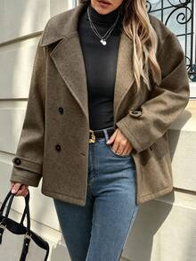 Women's Autumn/Winter Woven Double-Button Lapel Coat, Long Sleeve, Drop Shoulder, Regular Length Jacket - Coffee Brown - View 3