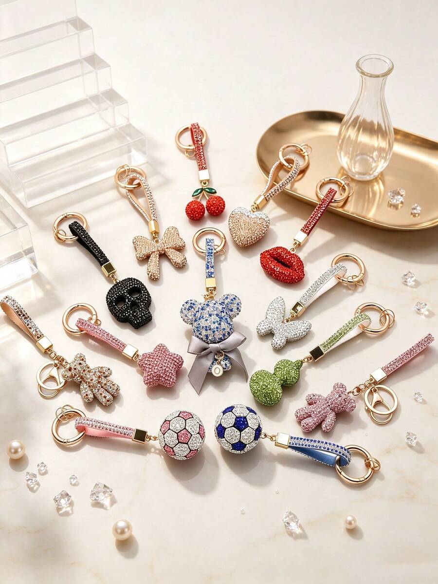 Luxury Full Rhinestone Keychain With Metal Chain Ring And Lanyard, Compatible With Various Car Remote Keys, Shiny And Exquisite Atmosphere, Unisex For Couples, Also Suitable As Backpack Decoration, Personalized Versatile Portable Hanging Accessory - Multicolor - View 1
