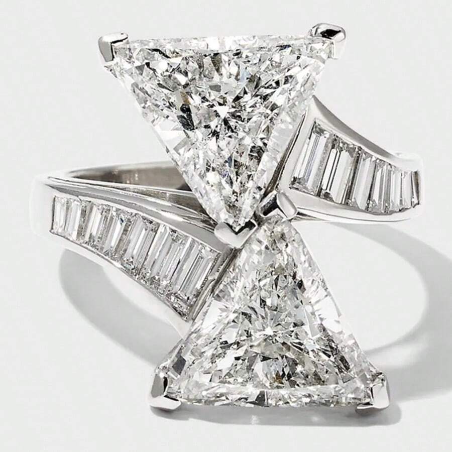 Women's Heavy Work Geometric Cross-Set Double Triangle Zirconia White Gold Plated Shiny Engagement Ring - White Gold - View 1