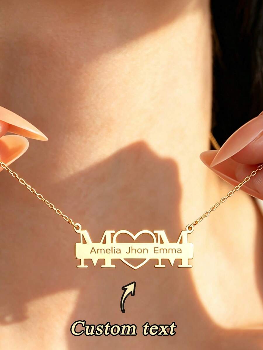 1PC Customized Mom Heart Name Text Necklace, Personalized Stainless Steel Women's Jewelry Necklace, Gift For Mother's Day, Christmas, Halloween, Birthday, Anniversary For Mom - Multicolor - View 1