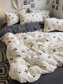 Minimalist Line Rabbit Black Bow Print 4-Piece Bedding Set, Soft Washed, Includes 1 Duvet Cover, 1 Bed Sheet, 2 Pillowcases, Duvet Insert And Pillow Insert Not Included, Pillowcase Pattern Randomly Cropped - White - View 9