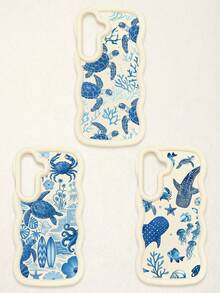 3 Pcs Wavy White Edge Ocean Sea Turtle Print Phone Case, Blue Tone Underwater Creature Illustration Soft Shell, Thickened Wavy Frame Full Coverage Anti-Drop TPU Phone Cover, Ins Vacation Style Niche Fresh Digital Accessory; Suitable For Valentine's Day, Easter, Mother's Day, Father's Day, Independence Day, Halloween, Thanksgiving, Christmas, New Year, Birthday, Back To School Gifts, Compatible With IPhone 17/17 Pro - Multicolor - View 17