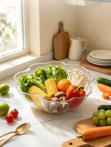 1pc Large Capacity Transparent PET Fruit & Vegetable Bowl, High Transparency Visible Texture, Petal Wave Ruffled Open Design, Shatter-Resistant And Durable, Clear Without Impurities, Suitable For Holding Vegetables, Fruits, Salads, Snacks, Nuts, Also As A Vegetable Washing & Draining Container, Fits Home Kitchen Meal Prep, Living Room Fruit Display, Picnic, Party, Daily Use, Holiday Hosting - Clear - View 12