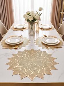 2pcs/set Hollow Out Leaf & Flower Patterned Pvc Placemat And Coaster, Washable & Easy To Clean & Anti-slip & Heat-resistant, Elegant Dining Table Setting, Kitchen Table Mat, Holiday Wedding Decorations - Gold - View 2