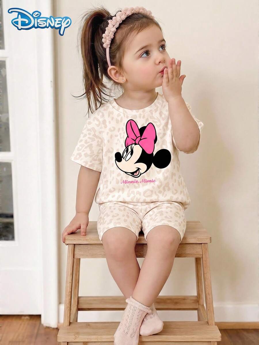 Disney Baby Girls' Minnie Mouse Print Short Sleeve T-Shirt And Leopard Print Shorts Set - Apricot - View 1