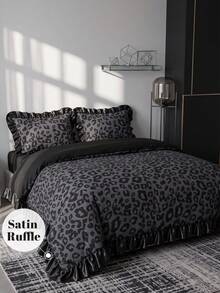 2/3pcs Satin Ruffle Duvet Cover Set, Dorm Bedding, Black Leopard Print Bedding Set, Cozy Room Decor, Skin-Friendly Breathable, Ultra Soft Anti-Pilling, No Duvet Insert Included, Suitable For Single/Double/Queen/King Size Bed, All Seasons, Machine Washable, Back To School - Multicolor - View 6