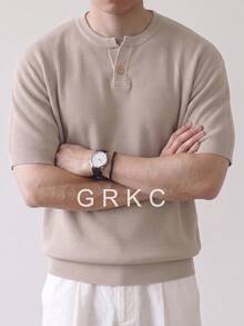 GRKC 男士短袖針織上衣 亨利領 寬鬆版型 極簡針織T恤 春/夏 - 杏色 - 查看 1
