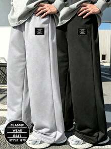 Tween Boys Casual Embroidered Pattern Wide Leg Long Pants 2pcs Set, Spring Autumn Winter Pants, Campus Style, Homecoming Outfit - Multicolor - View 1