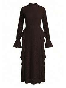 Women's Elegant Long Lace Dress With Bell Sleeves - Brown - View 5
