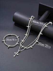Hip-Hop Style Rhinestone Jewelry Gift Set, Layered Spiked Rhinestone Necklace & Cross Pendant Bracelet, Men's Birthday Gift - Double Layer Layered Necklace - View 7
