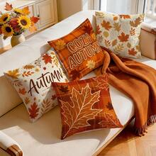 4pcs Autumn Maple Leaf Plaid Pillow Covers, Orange Red Plaid Autumn Print Pattern, Single-Sided Printed Pillow Covers/Cushion Covers, Multi-Scene Atmosphere Decoration Pillow Covers Suitable For Living Room, Sofa, Bedroom, Pillow Insert Not Included - Multicolor - View 1