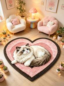 1pc Heart-Shaped Plush Cat Shaped Floor Mat, Decorative Rug, Floor Mat, Carpet, Living Room Rug, Bedroom Rug, Animal Rug - Multicolor - View 2