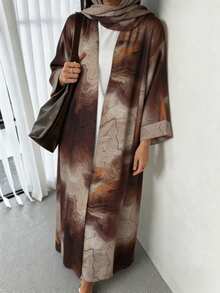 Set 2 pcs Hijab + Abaya Terbuka, Dubai Islami Muslim Motif Abstrak Gradien Depan Terbuka Lengan Panjang Longgar Gaya Kimono Konservatif, Pakaian Sehari-hari Muslim Islami Hijab Warna Senada untuk Wanita - MultiWarna - View 11