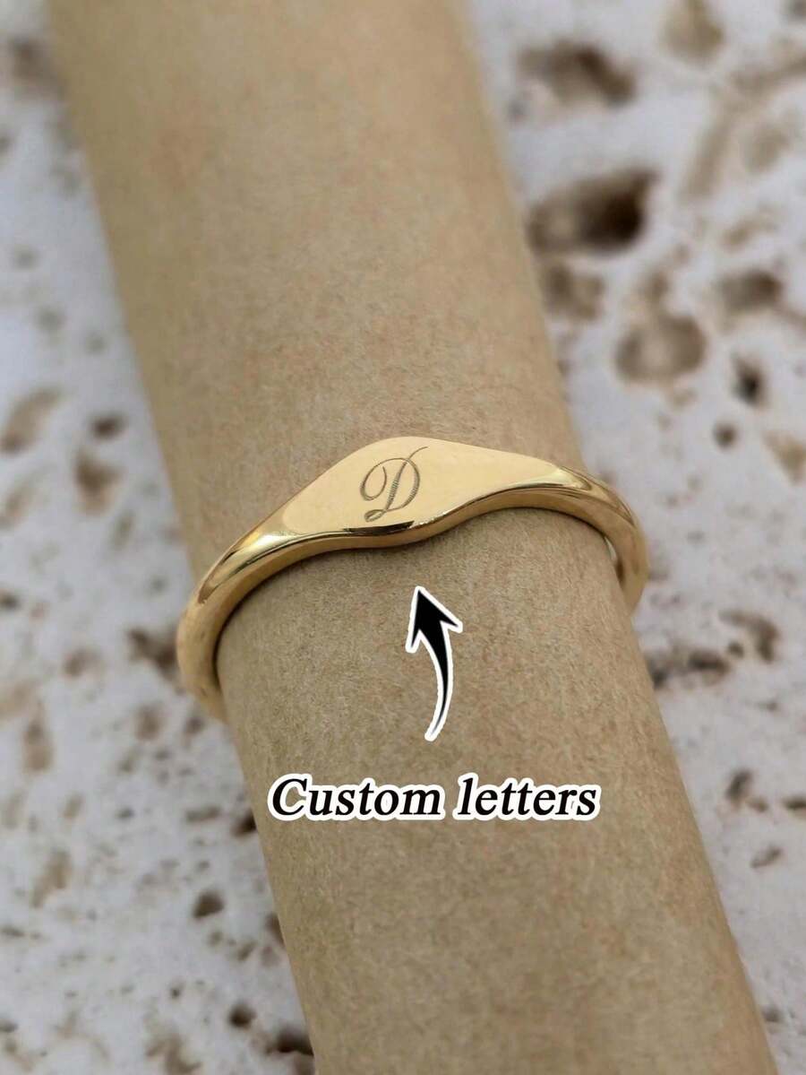 1pc Personalized Letter Ring, 14K Gold Thin Ring, 925 Stamp, Customized Name Ring For Her, Couple Gift, Mother's Day Gift, Jewelry For Mom, Birthday Gift, Stackable Rings - Multicolor - View 1