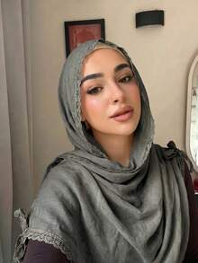 1pc Lace Bow Cotton Linen Hijab, Lightweight Breathable Lace Edge Muslim Headscarf, Solid Color Soft Shawl For Daily Prayer Modest Wear - Multicolor - View 11