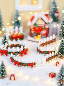 4pcs/Set Mini Christmas Fence Model - Holiday Props, Decorated With Green Vines And Bows. Suitable For DIY Model House Yard, Christmas Craft Projects, Micro Landscape Decoration, Mini Garden, Farm Theme Display And Potted Plant Decoration. - Multicolor - View 4