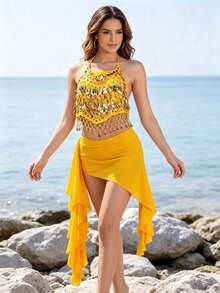 Belly Dance Halter Sequin Coin Crop Top Asymmetrical Flowy Mini Skirt Stage Show Dance Performance Outfit - Multicolor - View 10
