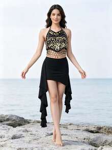 Belly Dance Halter Sequin Coin Crop Top Asymmetrical Flowy Mini Skirt Stage Show Dance Performance Outfit - Multicolor - View 5