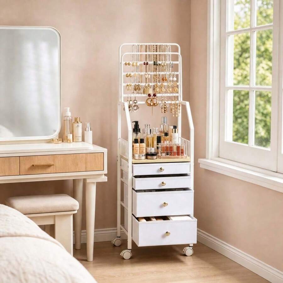 Garvee Jewelry Organizer Rack With 4 Fabric Drawer & Wheel, Mobile Stand Jewelry Organizer Cabinet For Necklace, Earring, Ring & Bracelet - White - View 1