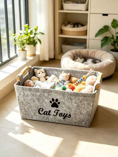1 Pc Paw Print Cat Paw Pattern Large‑Capacity Pet Toy Storage Basket, Cute Style Fabric Open‑Top Storage Box, Storage & Organization For Cat Dog Toys, Pantry Home Decor, Household Pet Supplies Organizer For Home Bedroom Pet Corner