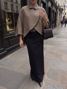 Women's Houndstooth Print Lapel Batwing Sleeve Cape Coat, Elegant Asymmetrical Hem Loose Silhouette Short Jacket, Casual Daily Outerwear Fall - Brown - View 7