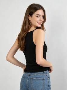 White Jersey Square Neck Padded Camisole,Built-In Chest Pad Thin Strap Form Fitting Tank Top,Convenient No Underwire Basic Layering Top Matching Jeans - Black - View 3