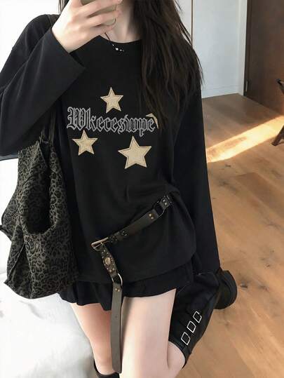 Women's Spring/Autumn Fashion Loose Fit Versatile Letter & Star Print Long Sleeve T-Shirt Black Casual