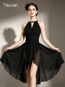 DonsGirl 1pc Women's Halter Neck Backless Dance Dress, Flowy Draped Mesh Front Slit Midi Skirt, Elegant Ballet & Modern Lyrical Dance Costume, Suitable For Class, Solo Performance - Black - View 4