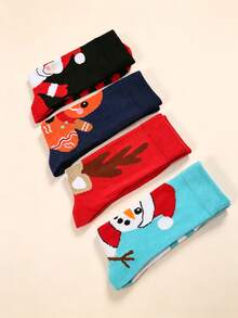 4 Pairs Unisex Cute Christmas Pattern Socks, Snowman, Santa Claus, Reindeer, Gingerbread Man Fun Holiday Socks, Suitable For Christmas - Multicolor - View 4