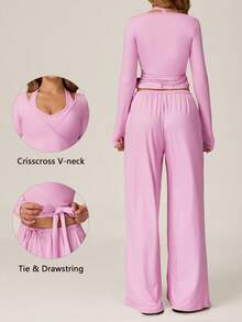 TimeOff Women's One Set Solid Color Cross Wrap Tie Waist Long Sleeve Cover Up With Elastic Drawstring Side Pockets Wide Leg Pants - Pink - View 3