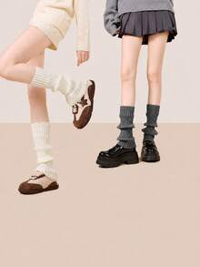 2 Pairs Women's Metal Logo Ribbed Long Socks, Solid Color Loose Boot Socks, Autumn/Winter Daily Casual Aesthetic Socks - Multicolor - View 7