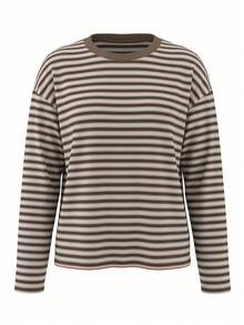 Women's Long Sleeve Striped Pattern Crew Neck Fashion Casual T-Shirt - Khaki - View 8