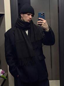 1pc Autumn/Winter Fashion Elegant Solid Color Wool Warm Pashmina Scarf, Unisex Casual Cold-Proof Tassel Shawl For Couples, Suitable For Daily Wear - Special Black - View 1
