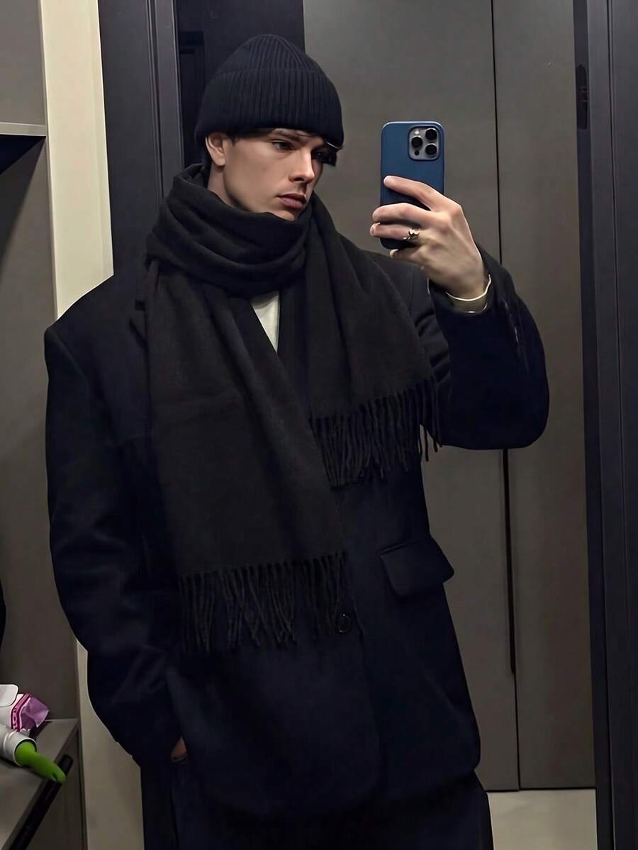 1pc Autumn/Winter Fashion Elegant Solid Color Wool Warm Pashmina Scarf, Unisex Casual Cold-Proof Tassel Shawl For Couples, Suitable For Daily Wear - Special Black - View 1