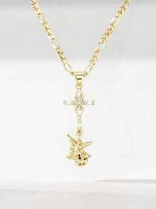 1pc Catholic Vintage Double Pendant Necklace, Unisex Design. Featuring A Sparkling Zirconia-Inlaid Cross And Infinity Symbol Combination, Symbolizing Eternal Faith, Paired With St. Michael Archangel Pendant. Equipped With A 50cm Classic Figaro Chain, Comfortable And Versatile. Symbolizing Protection And Devotion, Ideal Gift For First Communion And Catholic Baptism. - Yellow Gold - View 11