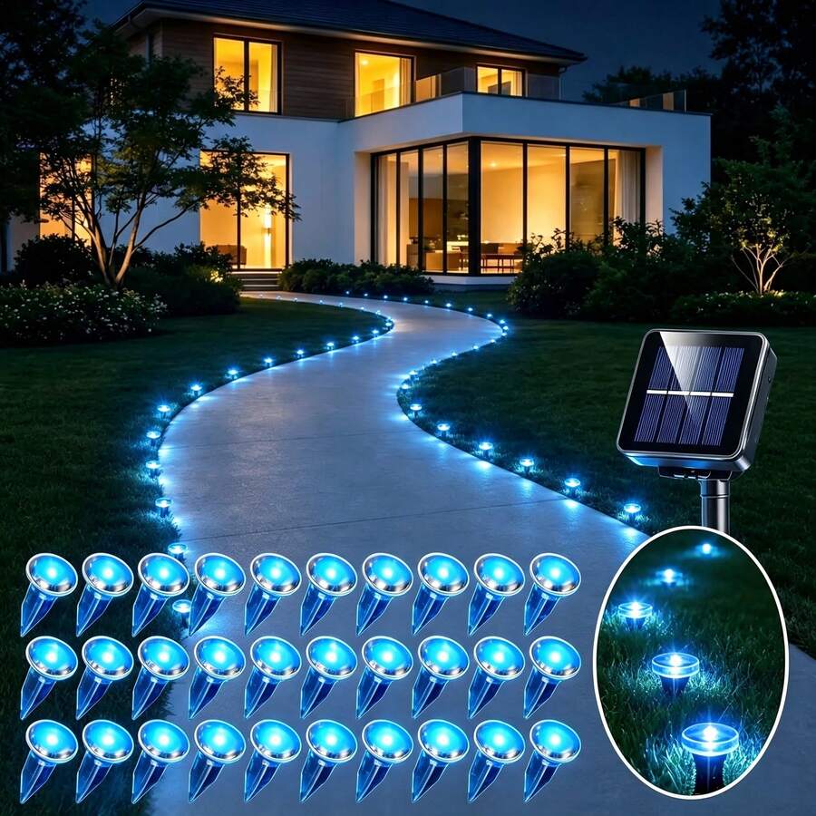 UMEUC 30 Pack Small Solar Ground Lights Blue,Solar Garden Lights Outdoor,IP54 Waterproof 8 Modes Auto IP54 On/Off ,Solar Lights Outdoor Decorative Landscape LED For Garden Patio Lawn Yard Backyard - 藍色燈光 - 查看 1